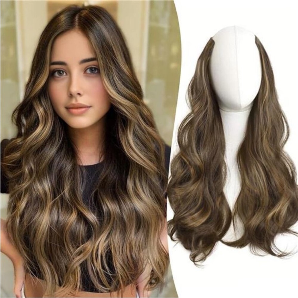 Wavy Hair Extensions Synthetic One Piece Brown Highlight